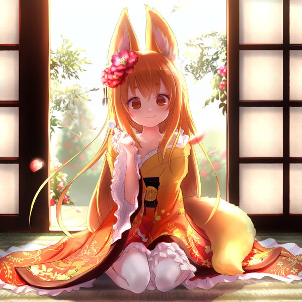 Anime picture 800x800 with original igni single long hair looking at viewer blush fringe smile hair between eyes brown hair sitting brown eyes signed animal ears full body tail traditional clothes japanese clothes animal tail hair flower