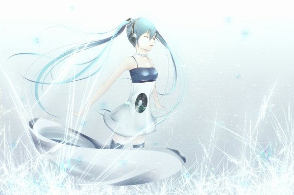 Anime picture 2000x1333 with vocaloid hatsune miku oki (koi0koi) highres twintails bare shoulders eyes closed very long hair aqua hair girl dress headphones