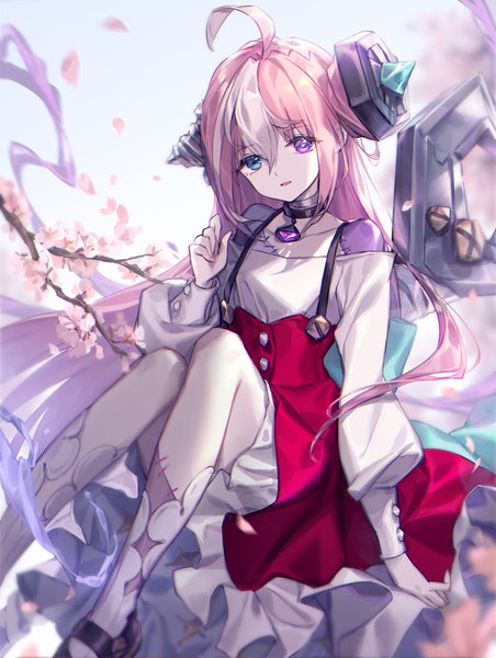 Anime picture 1356x1800 with shadowverse anisage (shadowverse) umberwig single tall image looking at viewer fringe open mouth blue eyes hair between eyes sitting purple eyes pink hair ahoge very long hair multicolored hair two-tone hair heterochromia cherry blossoms zombie
