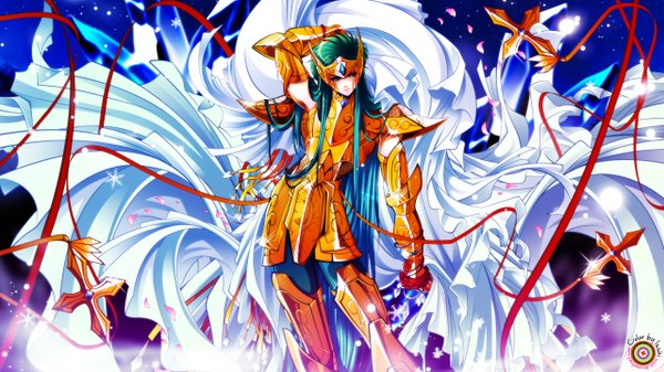 Anime picture 2560x1440 with saint seiya toei animation aquarius camus isshi single long hair highres blue eyes wide image green hair armpit (armpits) night sky girl dress petals armor star (stars) cross