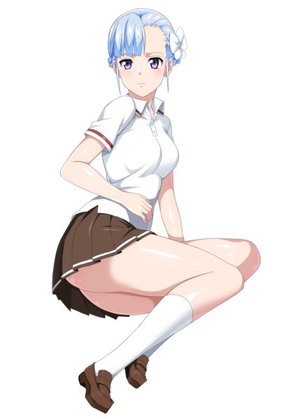 Anime picture 1074x1517 with rinne no lagrange production i.g fin e ld si laffinty shin'ya (shin'yanchi) single tall image looking at viewer blush light erotic simple background white background purple eyes blue hair legs girl skirt hair ornament miniskirt shirt socks