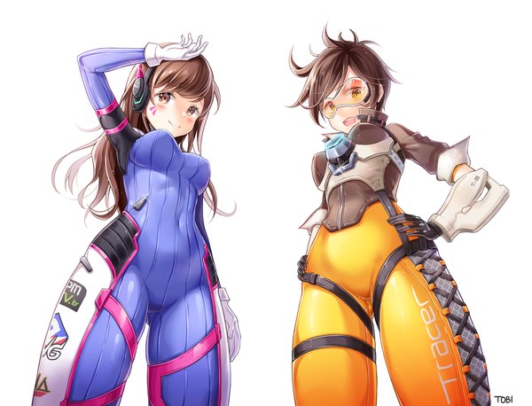 Anime picture 1500x1145 with overwatch blizzard entertainment d.va (overwatch) tracer (overwatch) tobi (mue86) long hair looking at viewer blush fringe short hair breasts open mouth light erotic simple background smile brown hair white background multiple girls brown eyes signed