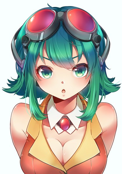 Anime picture 800x1142 with vocaloid gumi nou single tall image looking at viewer blush short hair open mouth simple background white background bare shoulders green eyes cleavage green hair from above hands behind back girl goggles