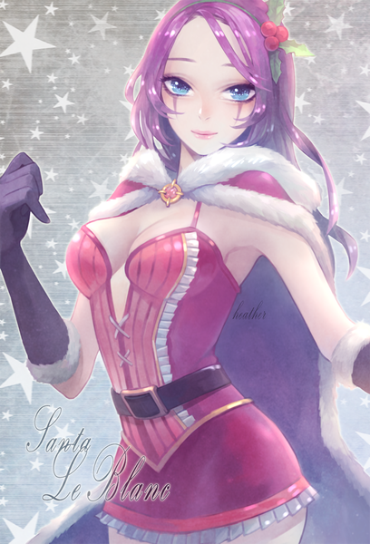 Anime picture 740x1088 with league of legends emilia leblanc heather37 single long hair tall image looking at viewer blue eyes light erotic purple hair armpit (armpits) christmas girl dress gloves hair ornament elbow gloves star (symbol) cloak
