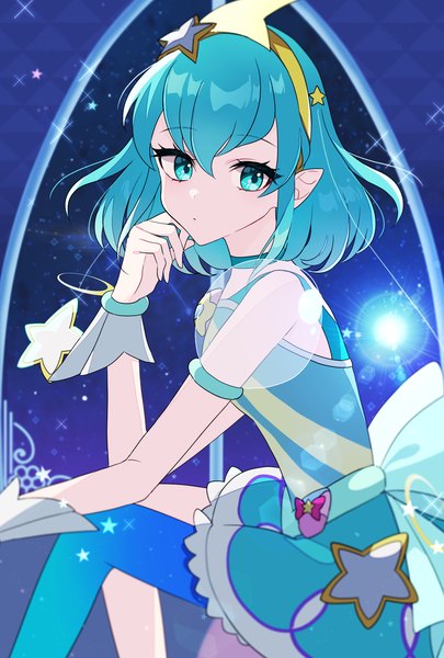 Anime picture 1378x2039 with precure star twinkle precure toei animation hagoromo lala cure milky nagano ayu single tall image fringe short hair hair between eyes sitting aqua eyes pointy ears aqua hair sparkle puffy sleeves magical girl girl dress