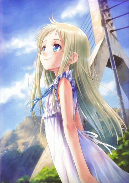 Anime picture 1055x1500 with ano hi mita hana no namae wo bokutachi wa mada shiranai a-1 pictures honma meiko goto p long hair tall image blue eyes blonde hair smile sky sleeveless looking up girl sundress