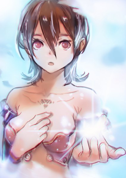 Anime picture 2480x3508 with original okuto single tall image looking at viewer blush fringe highres short hair breasts open mouth light erotic hair between eyes brown hair bare shoulders upper body magic hand on chest outstretched hand girl