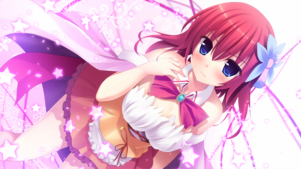 Anime picture 1400x788 with no game no life madhouse stephanie dora rennkuu single looking at viewer blush short hair blue eyes wide image bare shoulders red hair from above girl dress hair ornament star (symbol)