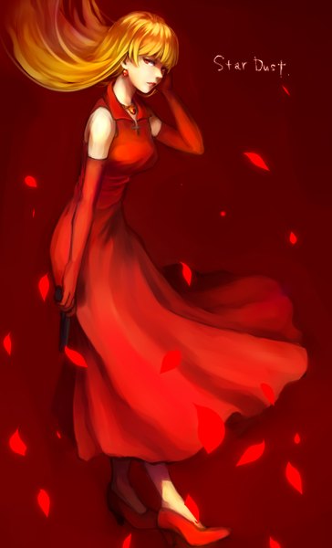 Anime picture 1700x2800 with sound horizon stardust m kun (artist) single long hair tall image blonde hair red eyes bare shoulders girl dress gloves earrings petals elbow gloves necklace red dress pistol