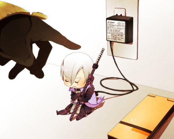 Anime picture 1280x1024 with sengoku basara production i.g mitsunari ishida tokugawa ieyasu short hair open mouth white hair eyes closed saliva chibi weapon sword armor katana wire (wires) phone charge