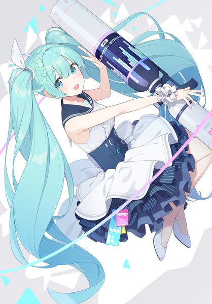 Anime picture 1393x2000 with blue archive vocaloid hatsune miku enosan single tall image looking at viewer fringe open mouth twintails very long hair :d aqua eyes aqua hair jumping sailor collar underbust girl weapon