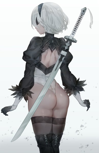 Anime picture 1328x2048 with nier nier:automata yorha no. 2 type b free style (yohan1754) single tall image fringe short hair breasts light erotic simple background standing white background silver hair ass profile from behind mole puffy sleeves monochrome