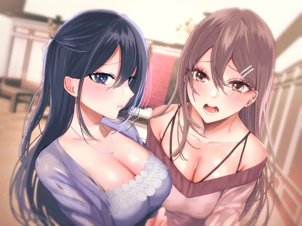 Anime picture 2800x2100 with original sakiryo kanna long hair looking at viewer blush fringe highres breasts open mouth blue eyes light erotic black hair hair between eyes brown hair large breasts bare shoulders multiple girls brown eyes cleavage upper body
