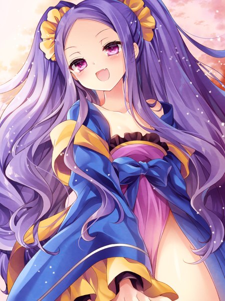 Anime picture 700x933 with fate (series) fate/grand order wu zetian (fate/grand order) nogi takayoshi single tall image blush open mouth light erotic purple eyes twintails looking away purple hair very long hair traditional clothes :d sparkle fang (fangs) chinese clothes girl