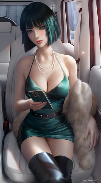 Anime picture 3900x7000 with one-punch man madhouse fubuki (one-punch man) wickellia single tall image looking at viewer blush fringe highres short hair breasts light erotic large breasts sitting bare shoulders holding green eyes absurdres blunt bangs
