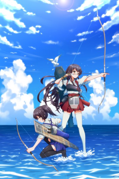 Anime picture 2000x3000 with kantai collection kaga aircraft carrier akagi aircraft carrier a.x. long hair tall image blush fringe highres short hair hair between eyes brown hair multiple girls holding yellow eyes looking away sky cloud (clouds) full body outdoors