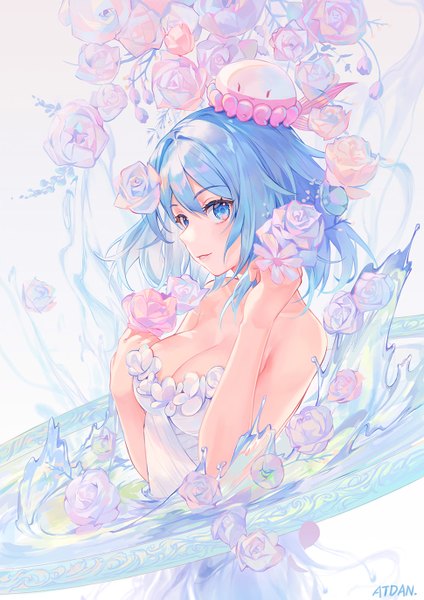 Anime picture 970x1373 with vocaloid synthesizer v haiyi atdan single tall image looking at viewer blush fringe short hair breasts blue eyes light erotic simple background smile large breasts standing white background bare shoulders signed