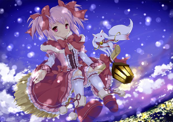 Anime picture 1000x707 with mahou shoujo madoka magica shaft (studio) kaname madoka kyuubee wataame27 looking at viewer blush short hair smile sitting twintails pink hair sky pink eyes wind night short twintails snowing winter snow