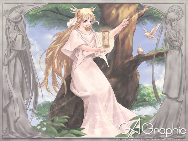 Anime picture 1024x768 with gagraphic futaba jun single long hair blonde hair sitting signed looking away full body outdoors arm up light smile copyright name tree sitting girl dress plant (plants) animal tree (trees) bird (birds)