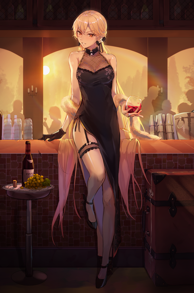 Anime picture 1500x2260 with girls frontline ots-14 (girls frontline) ots-14 (sangria succulent) (girls' frontline) niac tall image looking at viewer blush fringe breasts blonde hair smile hair between eyes standing bare shoulders holding full body indoors very long hair traditional clothes parted lips