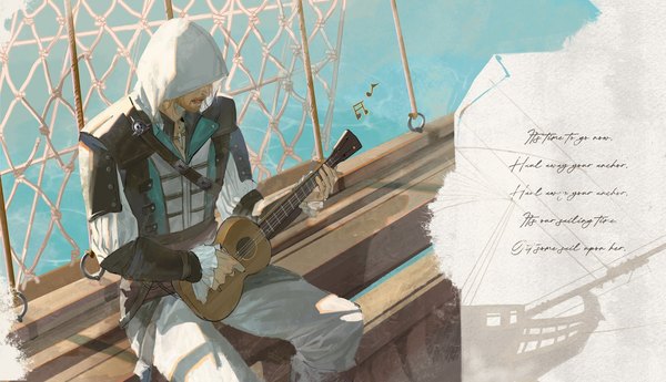 Anime picture 2048x1178 with assassin's creed (game) edward kenway mantangfeng single highres short hair open mouth wide image sitting outdoors from above text english playing instrument boy hood musical instrument guitar musical note watercraft