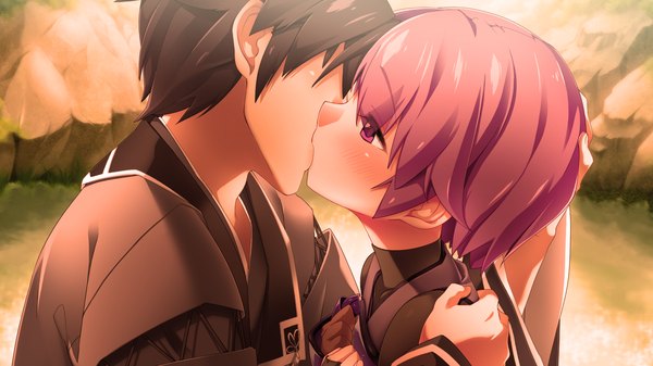 Anime picture 1280x720 with sengoku hime 4 blush short hair black hair wide image purple eyes game cg purple hair traditional clothes kiss girl boy
