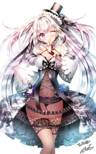 Anime picture 1500x2400 with aile (crossroads) single long hair tall image blush fringe light erotic purple eyes signed white hair one eye closed wink girl thighhighs dress navel hat detached sleeves fishnet stockings