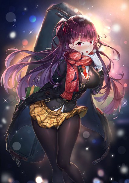 Anime picture 1517x2140 with girls frontline wa2000 (girls frontline) narae single long hair tall image looking at viewer blush fringe breasts open mouth light erotic large breasts purple hair pink eyes sparkle one side up plaid skirt exhalation girl