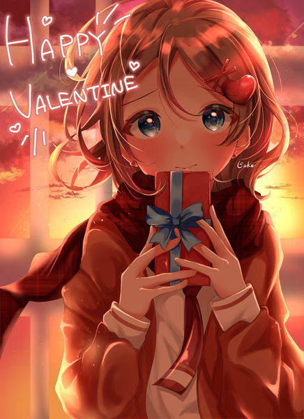 Anime picture 2894x3983 with love live! sunshine!! sunrise (studio) love live! watanabe you lake 0520 single tall image looking at viewer highres short hair blue eyes brown hair upper body valentine girl hair ornament scarf bobby pin x hair ornament gift