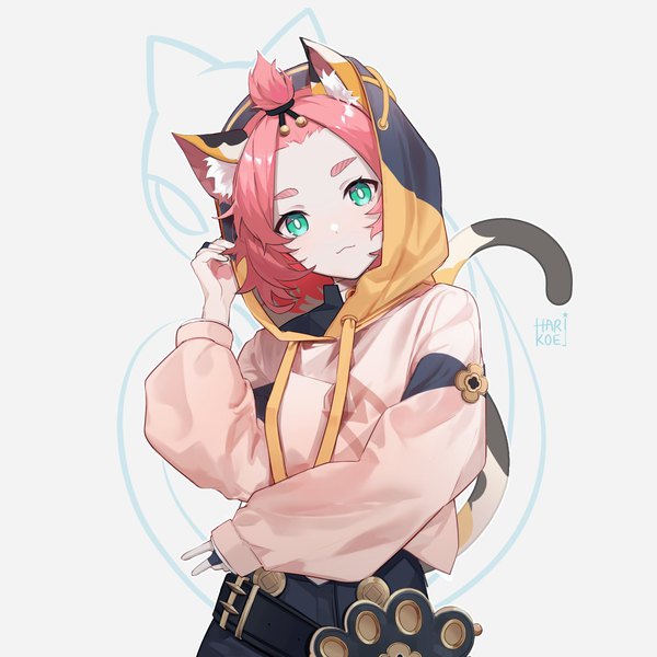 Anime picture 1400x1400 with genshin impact diona (genshin impact) harikoe single looking at viewer short hair simple background green eyes signed animal ears pink hair tail long sleeves animal tail cat ears cat tail sleeves past wrists victory casual paw print