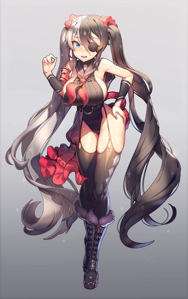 Anime picture 740x1175 with blade & soul po hwa ran (blade & soul) muloli single tall image breasts open mouth blue eyes light erotic black hair simple background large breasts twintails silver hair full body very long hair multicolored hair grey background two-tone hair leaning