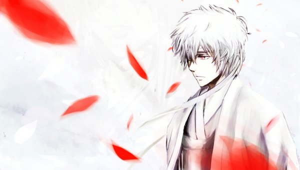 Anime picture 1280x727 with gintama sunrise (studio) sakata gintoki d.p single short hair simple background red eyes wide image white hair traditional clothes boy petals hachimaki