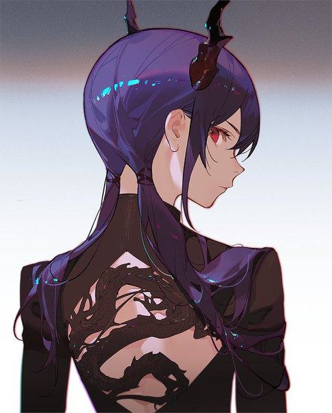 Anime picture 806x1000 with arknights ch'en (arknights) ask (askzy) single long hair tall image looking at viewer fringe simple background hair between eyes red eyes twintails payot blue hair upper body profile looking back horn (horns) from behind gradient background
