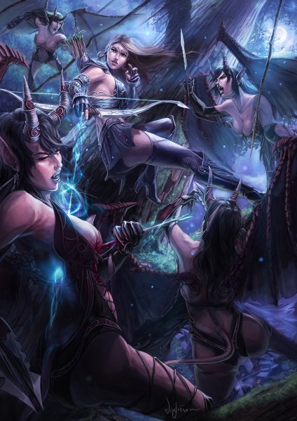 Anime picture 848x1200 with original poibuts long hair tall image breasts open mouth blue eyes light erotic black hair multiple girls tail eyes closed horn (horns) lips pointy ears mole demon girl demon tail demon wings dark hair
