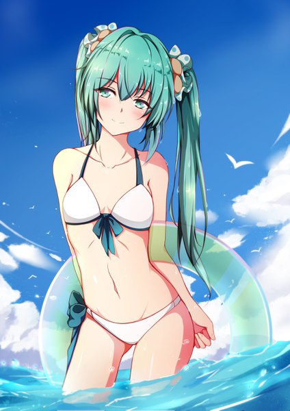 Anime picture 1910x2701 with vocaloid hatsune miku qingye ling single long hair tall image looking at viewer blush fringe highres smile hair between eyes twintails sky cloud (clouds) outdoors head tilt aqua eyes aqua hair partially submerged