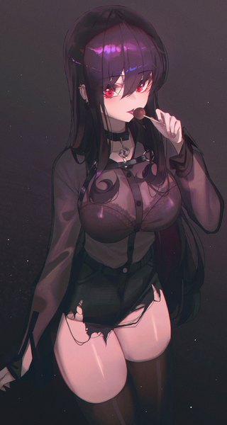 Anime picture 3202x6000 with original domi (hyaku8795) single long hair tall image looking at viewer fringe highres breasts light erotic black hair hair between eyes red eyes large breasts holding absurdres fingernails piercing torn clothes ear piercing