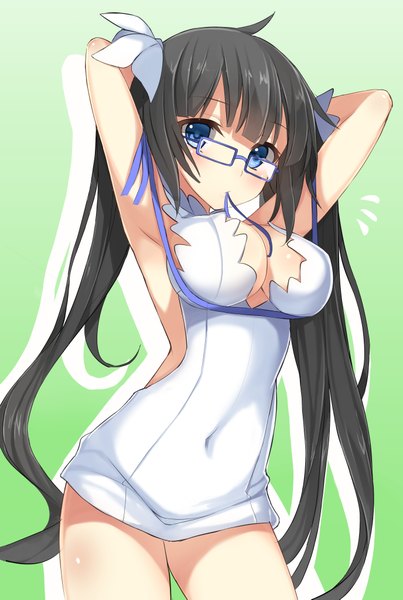 Anime picture 2752x4093 with dungeon ni deai wo motomeru no wa machigatteiru darou ka j.c. staff hestia (danmachi) dreamlight2000 single long hair tall image looking at viewer highres breasts blue eyes light erotic black hair simple background twintails holding ahoge arms up armpit (armpits) mouth hold