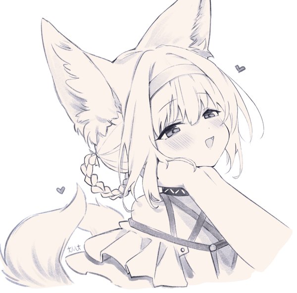 Anime picture 2548x2516 with arknights suzuran (arknights) timitarcat blush highres short hair open mouth simple background smile white background animal ears looking away upper body tail braid (braids) :d animal tail fox ears fox tail fox girl