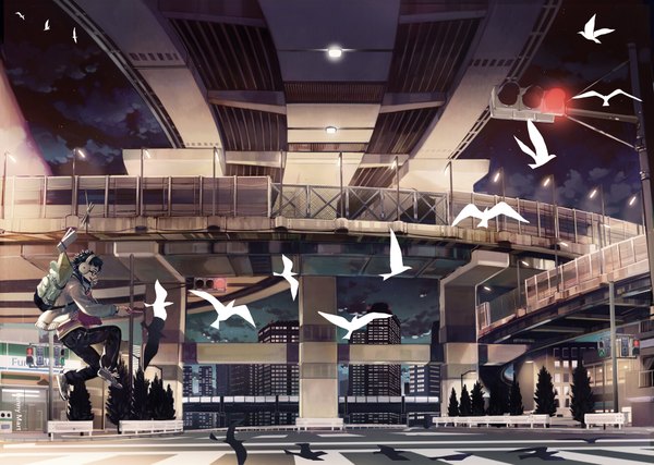 Anime picture 2000x1426 with original sime (echo) highres city light cityscape landscape boy animal headphones bird (birds) pigeon