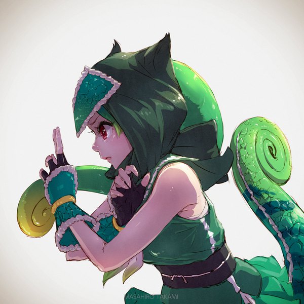 Anime picture 1920x1920 with kemono friends panther chameleon (kemono friends) takami masahiro single highres simple background red eyes bare shoulders signed upper body tail animal tail profile sleeveless fighting stance serious girl gloves fingerless gloves obi