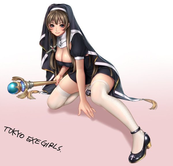 Anime picture 834x800 with tokyo exe girls masami chie single long hair looking at viewer blush fringe breasts light erotic brown hair cleavage light smile black eyes inscription puffy sleeves copyright name nun girl thighhighs white thighhighs