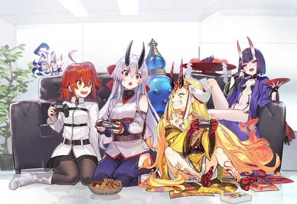 Anime-Bild 1248x858 mit fate (series) fate/grand order shuten douji (fate) tomoe gozen (fate) fujimaru ritsuka (female) fou (fate) ibaraki douji (fate) shirabi long hair looking at viewer fringe short hair breasts open mouth light erotic blonde hair smile hair between eyes red eyes sitting