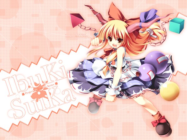 Anime picture 1600x1200 with touhou ibuki suika tateha (marvelous grace) long hair open mouth blonde hair red eyes horn (horns) inscription wallpaper orange background girl chain gourd