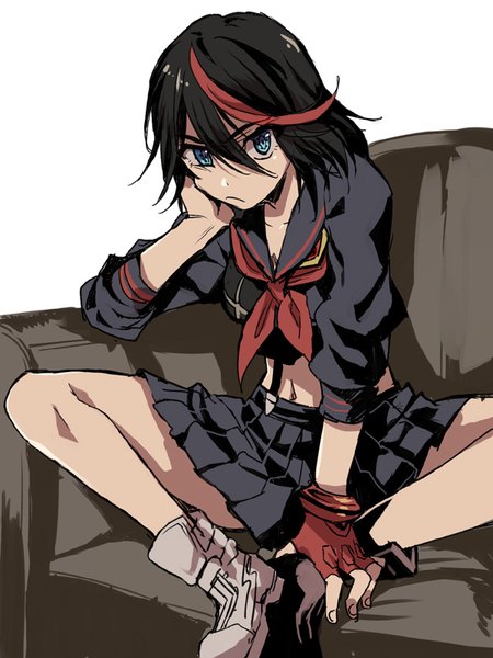 Anime picture 600x800 with kill la kill studio trigger matoi ryuuko tenkuu sphere single tall image fringe short hair blue eyes black hair simple background hair between eyes white background sitting looking away red hair multicolored hair two-tone hair bare belly streaked hair
