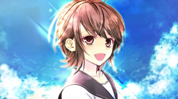 Anime picture 2048x1152 with negai no kakera to hakugin no agreement hajiro mina manyako (mohumohu) looking at viewer highres short hair open mouth brown hair wide image brown eyes game cg cloud (clouds) girl uniform school uniform