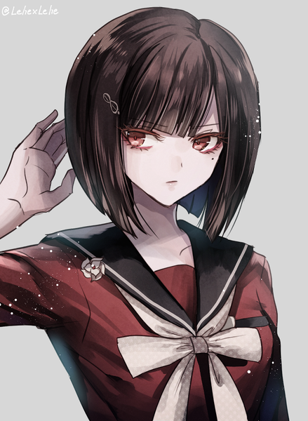 Anime picture 650x888 with dangan ronpa new danganronpa v3 harukawa maki z-epto (chat-noir86) single tall image fringe short hair breasts black hair simple background red eyes signed looking away arm up grey background mole mole under eye twitter username arm behind head