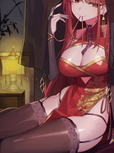 Anime picture 3037x4096 with original orn (artist) single long hair tall image looking at viewer fringe highres breasts light erotic large breasts sitting bare shoulders holding absurdres indoors nail polish traditional clothes fingernails mouth hold