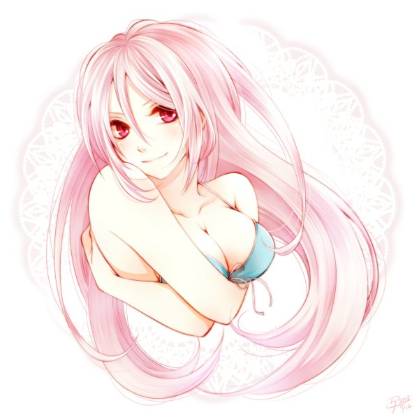 Anime picture 1200x1200 with kuroko no basket production i.g momoi satsuki kokoro (kokoroxxxt) single long hair looking at viewer breasts light erotic simple background large breasts white background bare shoulders pink hair pink eyes light smile crossed arms girl lingerie bra