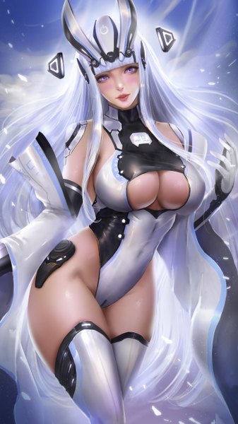 Anime picture 3080x5476 with original sony ps5 chan turewindwalker single long hair tall image looking at viewer blush fringe highres breasts light erotic large breasts standing purple eyes absurdres sky cleavage silver hair