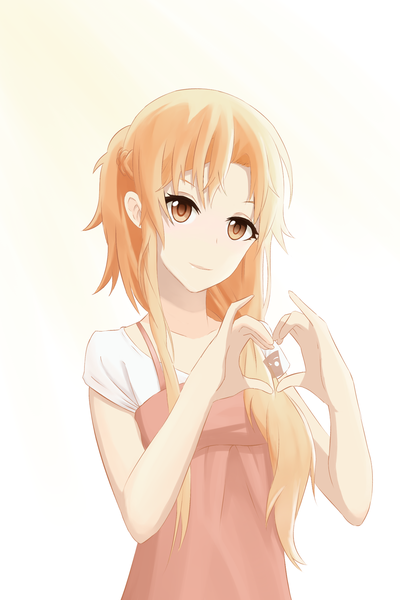 Anime picture 2000x3000 with sword art online a-1 pictures yuuki asuna palmito single long hair tall image looking at viewer fringe highres simple background smile brown hair standing brown eyes head tilt short sleeves watermark heart hands girl